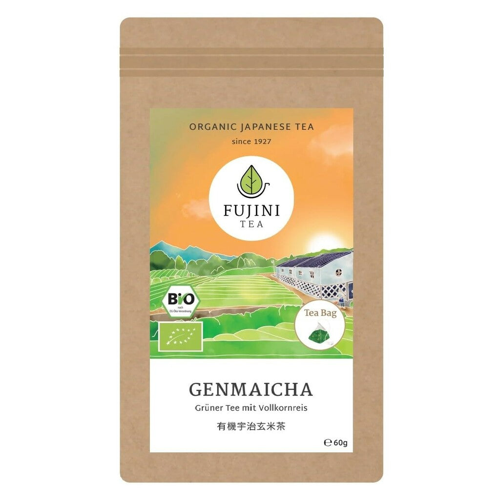 Organic Genmaicha tea (green tea with whole grain rice) in a tea bag, from Fujini Tea, from Japan, 60g 